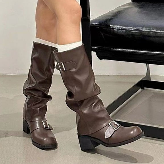 Womens Low-Heeled Knee High Boots Round Toe Casual Winter Knee-Length Solid Color Belt Buckle Thick Heel Low Heel Knee-High Boots