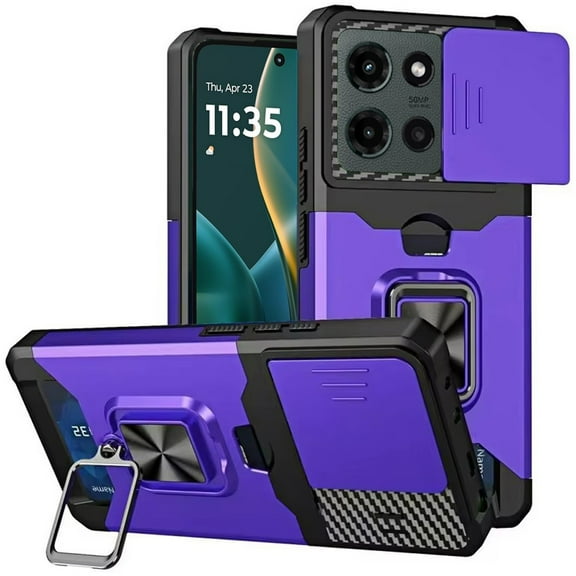 Military Grade All-In-One Ring Stand Card Case for Motorola Moto G Stylus 2025 - Purple