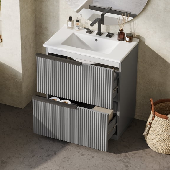DTTRA 30" Freestanding Bathroom Vanity with Ceramic Sink, Full-Extension Drawers, Side Drawer Slides, Gray