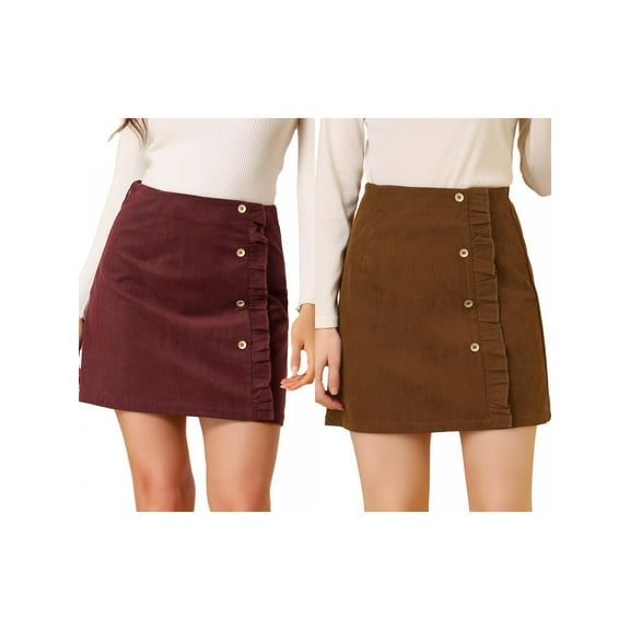 NOMADIC NOOK Women's Corduroy Vintage Button Decor Ruffled Trim High Waist Faux Wrap Skirt 2 Packs X-Small Brown/Burgundy