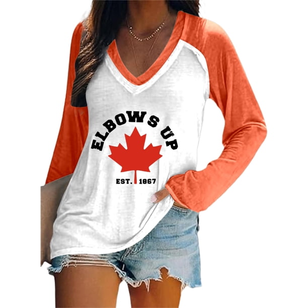 MHFRRA Camiseta de Manga Larga con Cuello En V y Estampado de La Bandera de Canadá para Mujer Naranja