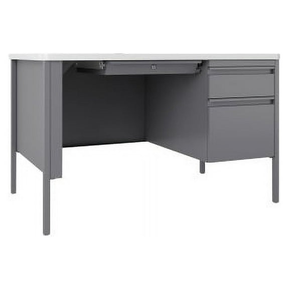 Lorell Fortress White/Platinum Steel Teachers Desk 48" x 30" x 29.5" - Box Drawer(s), File Drawer(s) - Single Pedestal on Right Side - T-mold Edge - Material: Steel Frame - Finish: Platinum Frame, Whi