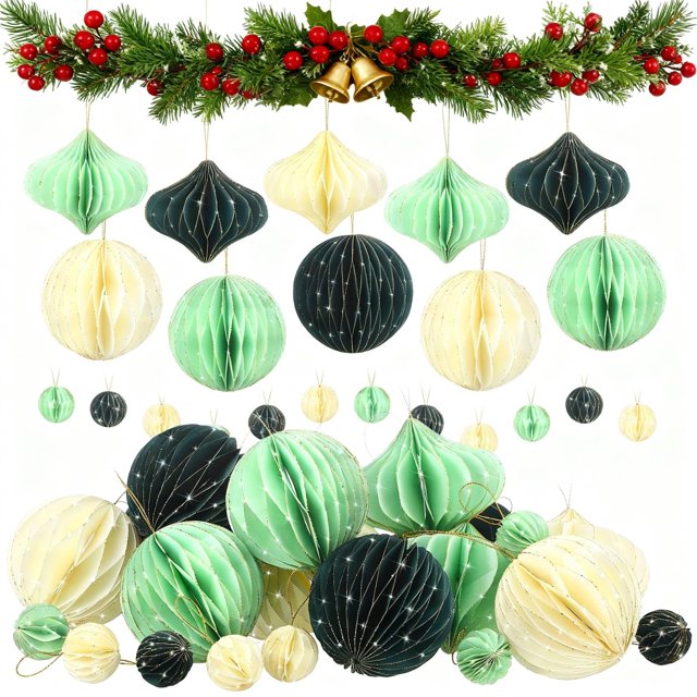 TecUnite - 50 adornos navideños de papel con forma de panal para árbol, estilo vintage 3D, con bordes brillantes, para colgar en el árbol, estilo bohemio neutro, para fiestas navideñas (blanco, verde)