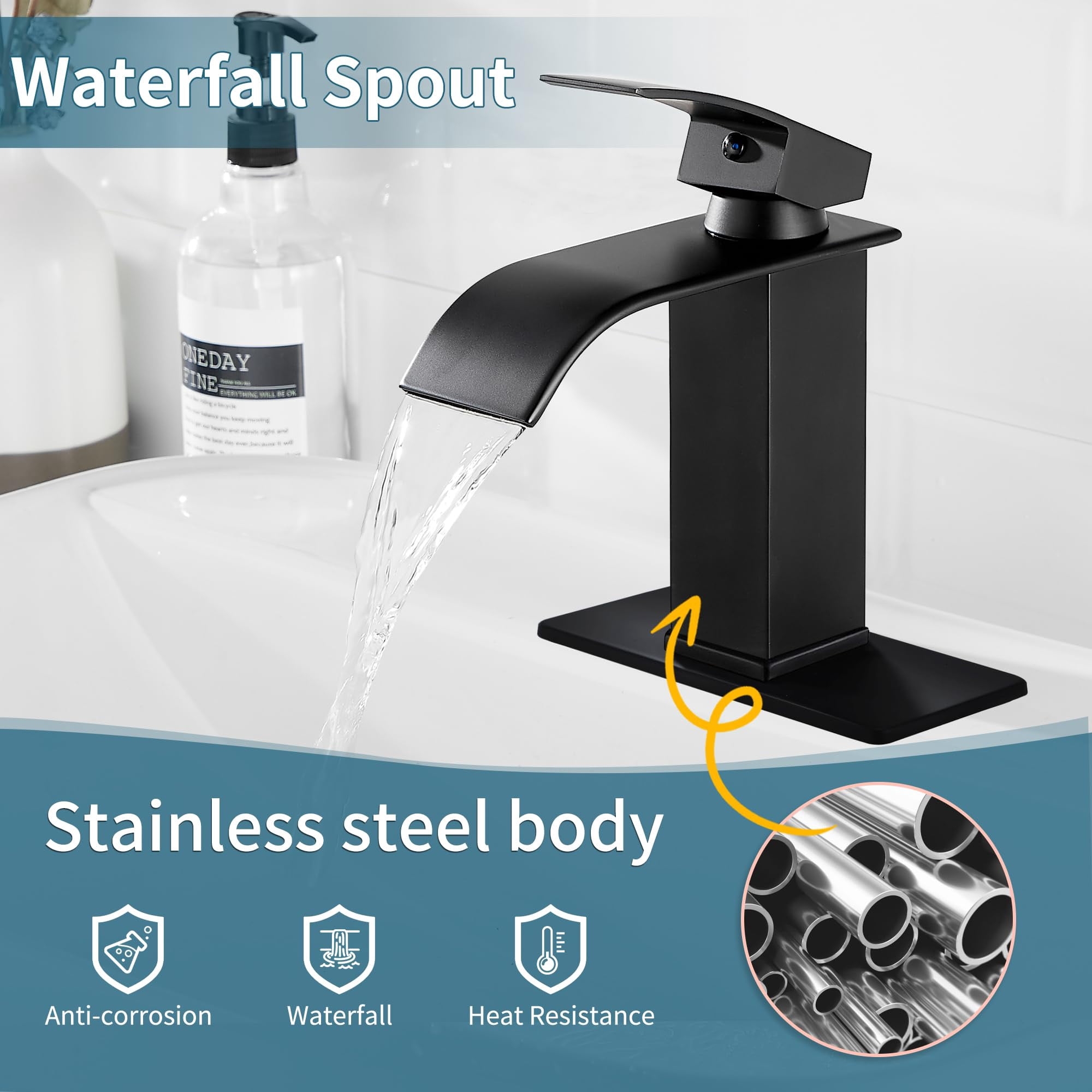 Waterfall Bathroom Faucet Lavatory Single Handle 1 or 3 Hole Bathroom Sink Faucet Washbasin Faucet with Deck and Pop-up Drain