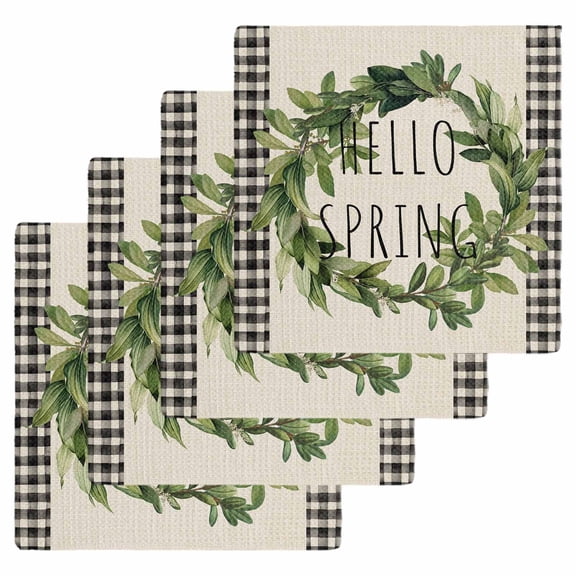 Farmhouse Green Garland Kitchen Dish Towels for Drying Dishes Set of 4, Spring Vintage Black Plaid Beige Waffle Weave Microfiber Hand Tea Bathroom Towels Quick Dry & Absorbent Towel 12x12