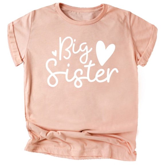 Olive Loves Apple Cursive Big Sister Hearts Sibling Reveal T-Shirt for Baby and Toddler Girls Sibling Outfits White on Peach Shirt 2T