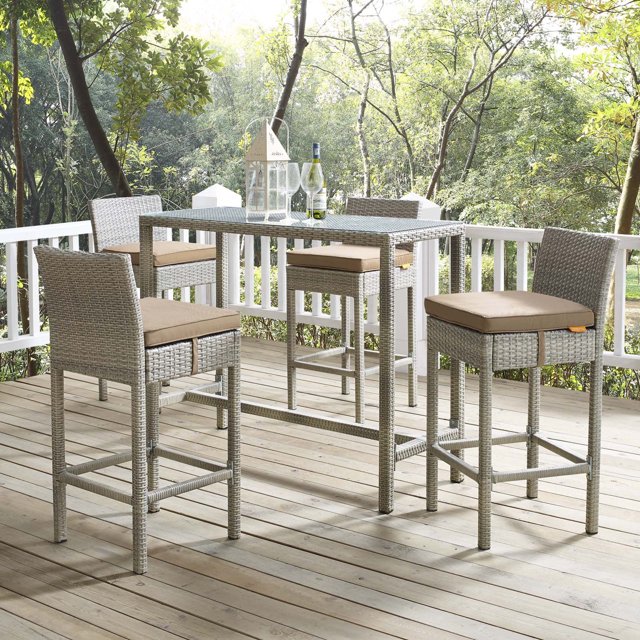 Modway Tabouret de Bar d'Extérieur en Osier Rotin avec Conduit, Gris Pâle/mocha (Ensemble de 4)