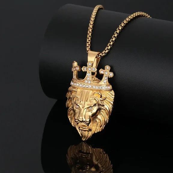 Hip Hop Bling Iced Out 14K Yellow Gold Cross Crown Male Lion Pendants Necklace for Men Rapper Jewelry