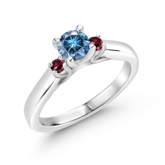 Gem Stone King 925 Sterling Silver Persian Blue Moissanite and Red Rhodolite Garnet 3-Stone Engagement Ring for Women (0.68 Cttw, Gemstone Birthstone, Size 6)