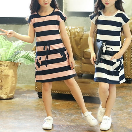 

MyBeauty Girls Leisure Dress Horizontal Stripes A Line Short Sleeve Elastic Dress for Outdoor White 7 Years