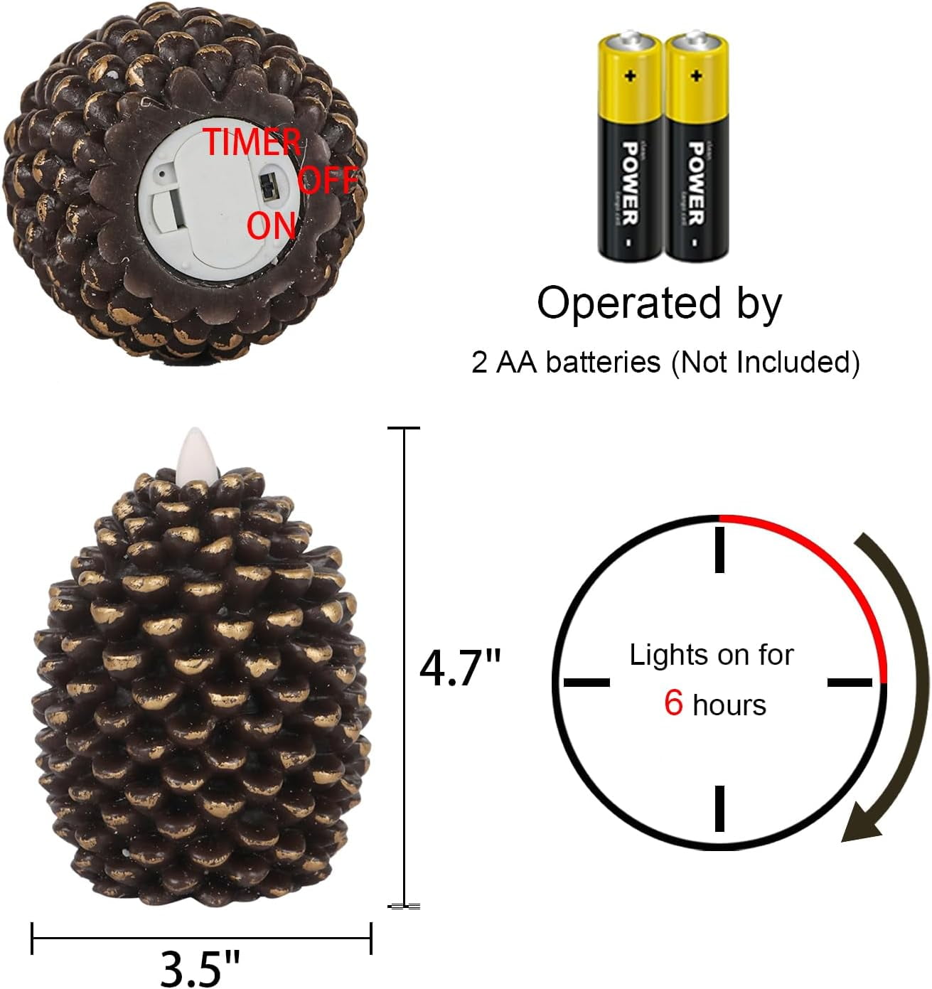 2 Pack Pine Shape Flameless Candles with Timer, Battery Operated Flickering Wick Pine Cone Candles for Holiday Indoor Christmas Decoration, Brown with Gold