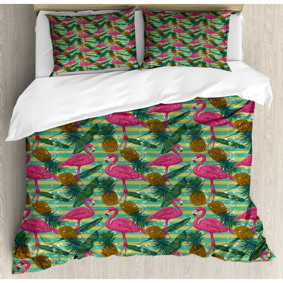 Flamingo Duvet Cover Set King Size, Tropical Animals on Striped Background with Pineapples Banana Leaves Grunge Look, Decorative 3 Piece Bedding Set with 2 Pillow Shams, Multicolor, by Ambesonne