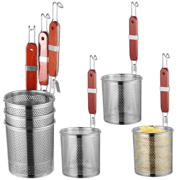 cestas coladoras de pasta, cesta de pasta de acero inoxidable con mango de madera, cocina de malla para pasta, espumadera de drenaje de alimentos, cesta para escaldar verduras, fideos, albóndigas