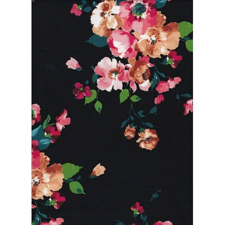 Floral Print Brushed Polyester Fabric - Black/Pink17 (3-Yard Precut)
