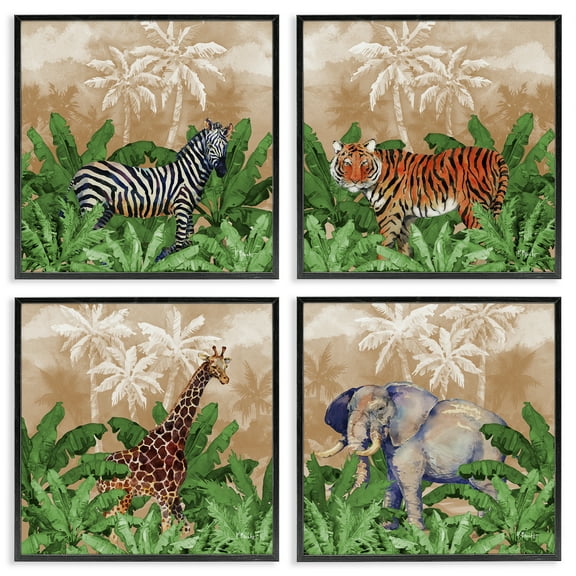 Stupell Industries Jungle Animals & Palms Animals Painting Black Framed Art Print Wall Art, 12 x 12, Set of 4