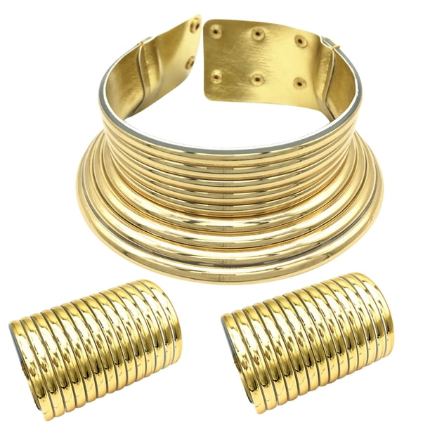 Ajustable bobina gargantilla grueso collar de la declaración con 2 pulsera gótica de cuero de imitación Set