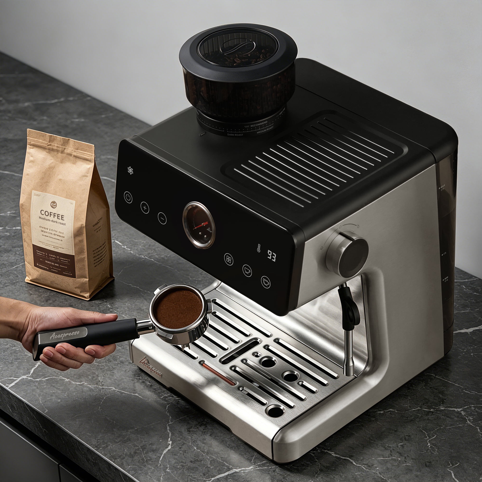 Coffee Espresso Machine with Grinder: Auto Distribute Tamp, 15-Bar Italian Pump, Temp Control, Cold Brew, Acaspresso Coffee Maker
