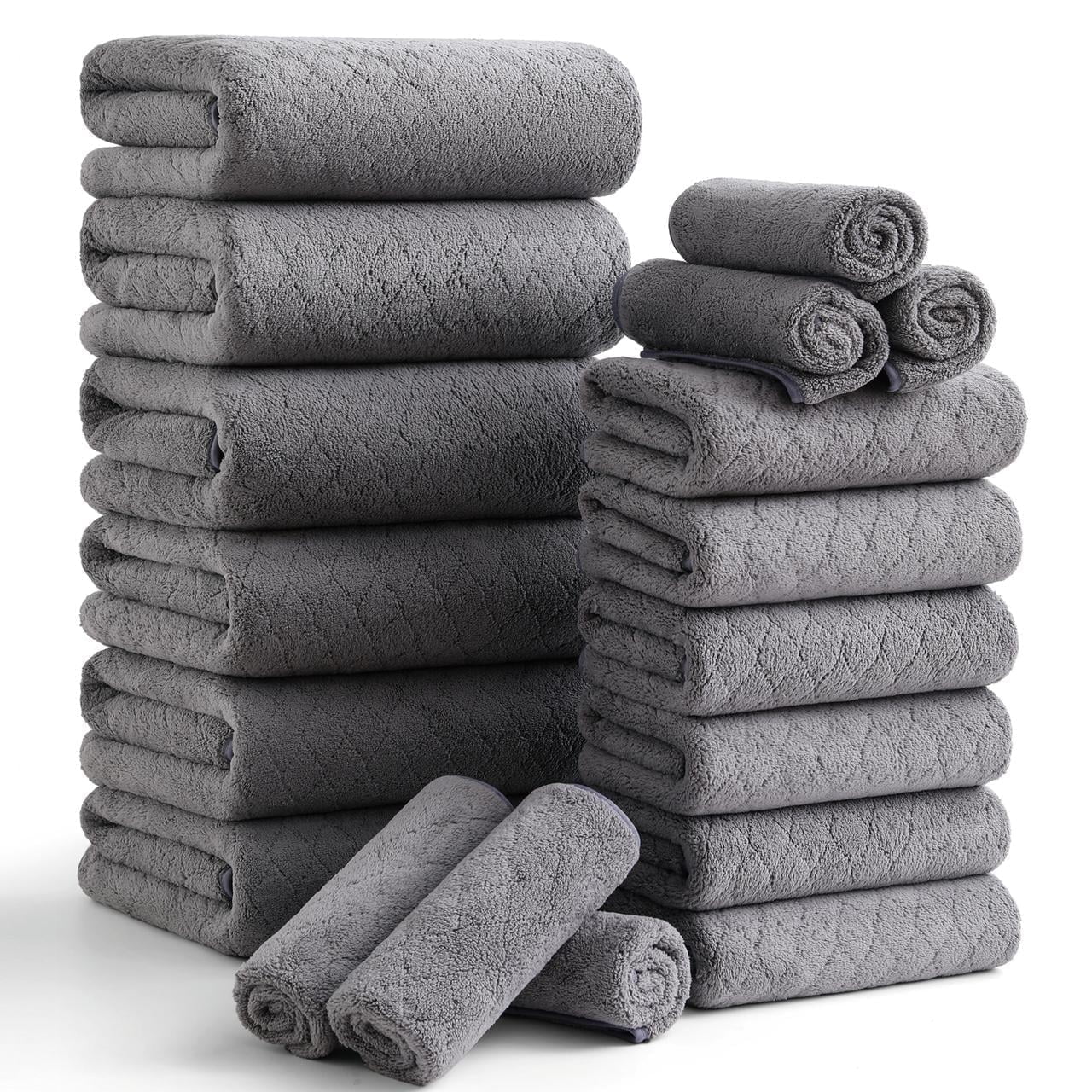 Smuge 18 Pcs Bath Towel Sets, Include 6 Bath Sheet Towels, 6 Hand Towels, 6 Washcloths, Soft Microfiber Highly Absorbent Shower Towel for Bathroom Gym Spa(Dark Gray)