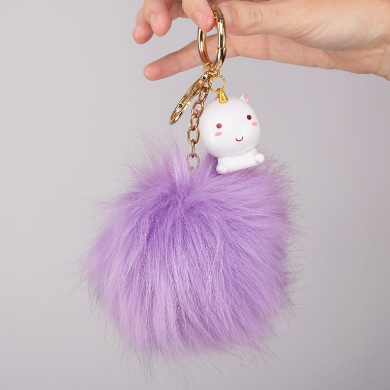 SMOKO Elodie Unicorn PomPom Keychain, Fluffy Faux Fur Ball