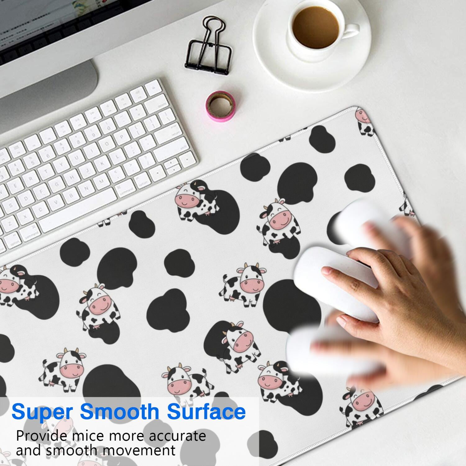 Long Mouse Pads for Desk,White Cow Black Spot Pattern Desk Mats on Top Of Desks, Desk Mouse Pad Extra Large with 3mm Non-Slip Base and Stitched Edge for Gaming,Office,Work,Home 31.5"x15.7"