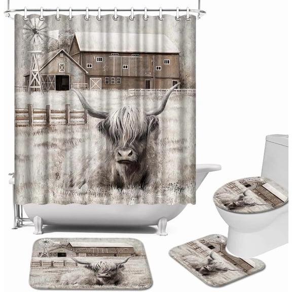 Highland Cow Shower Curtain Set Rustic Shower Curtain Farmhouse Bathroom Decor Set (Highland Cow)