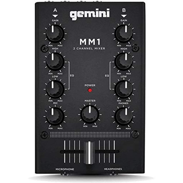Gemini Sound MM1 Professional Audio 2-Channel Dual Mic Input Stereo 2-Band Rotary Compact DJ Podcast Mixer with Cross-Fader and Individual Gain Control