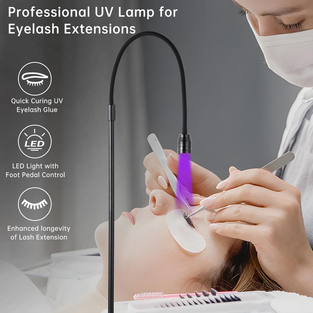 VAHIGCY 10W UV Lash Lamp with Foot Pedal, Rapid Dry in 3 Seconds for Eyelash Extension Grafting Eyebrow Beauty Salon, Adjustable Angle and Light Spot Size, UV Lamp for Lash Tech (Black)