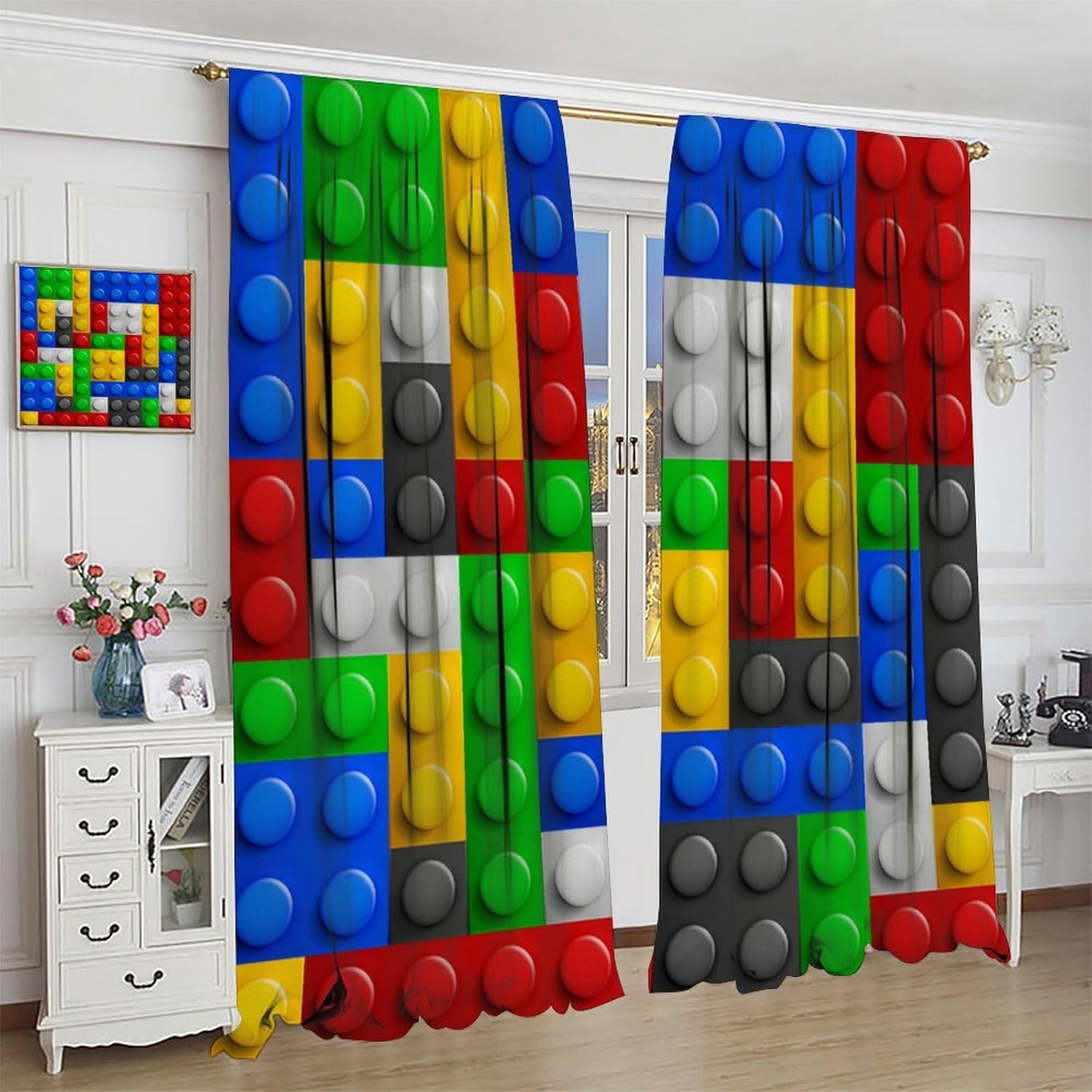 Kids Building Blocks Toy Curtains, Color Constructor Blocks Window Treatments for Bedroom Abstract Contour Colorful Plastic Brick Geometric Print Pattern Window Drapes for Playroom 84x84in