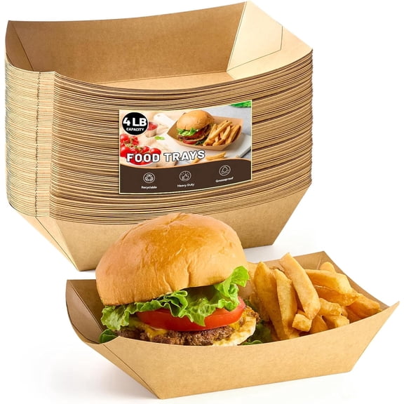 4 LB Large Paper Food Trays, 50 Pack Disposable Nacho Trays Kraft Paper Food Boats Party Serving Baskets for Nachos Sandwiches Burgers Popcorns Salads Snacks