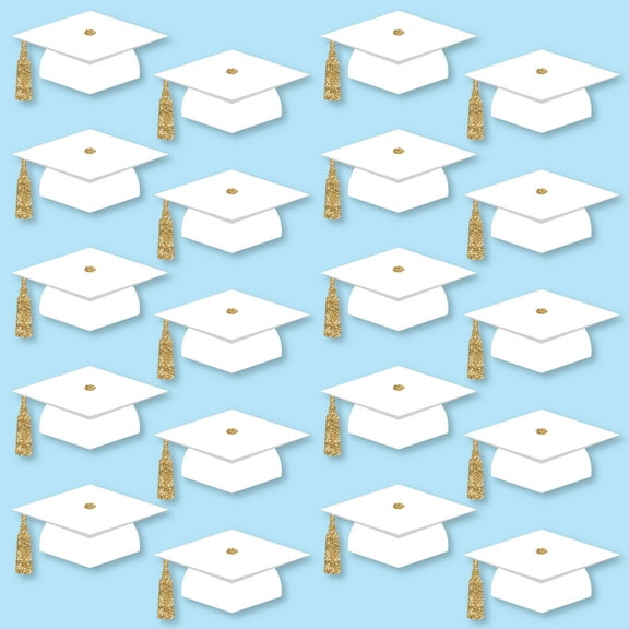 Big Dot of Happiness White and Gold Graduation Cap Decorations, DIY Large Grad Hat Cut-Outs, Double-Sided Grad Party Essentials - Set of 20