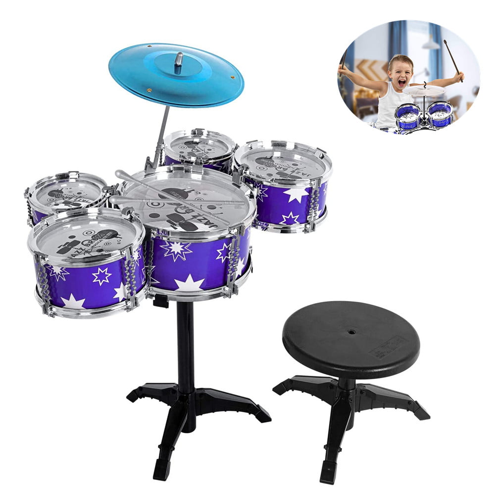 5 Drums Cymbal Stool Kit Red 2 Drumsticks 6 Pieces Kids Jazz Drum Set 