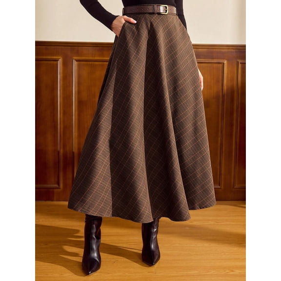 Brown Plaid A-Line Midi Skirt, High Waist Office Elegant Long Skirt