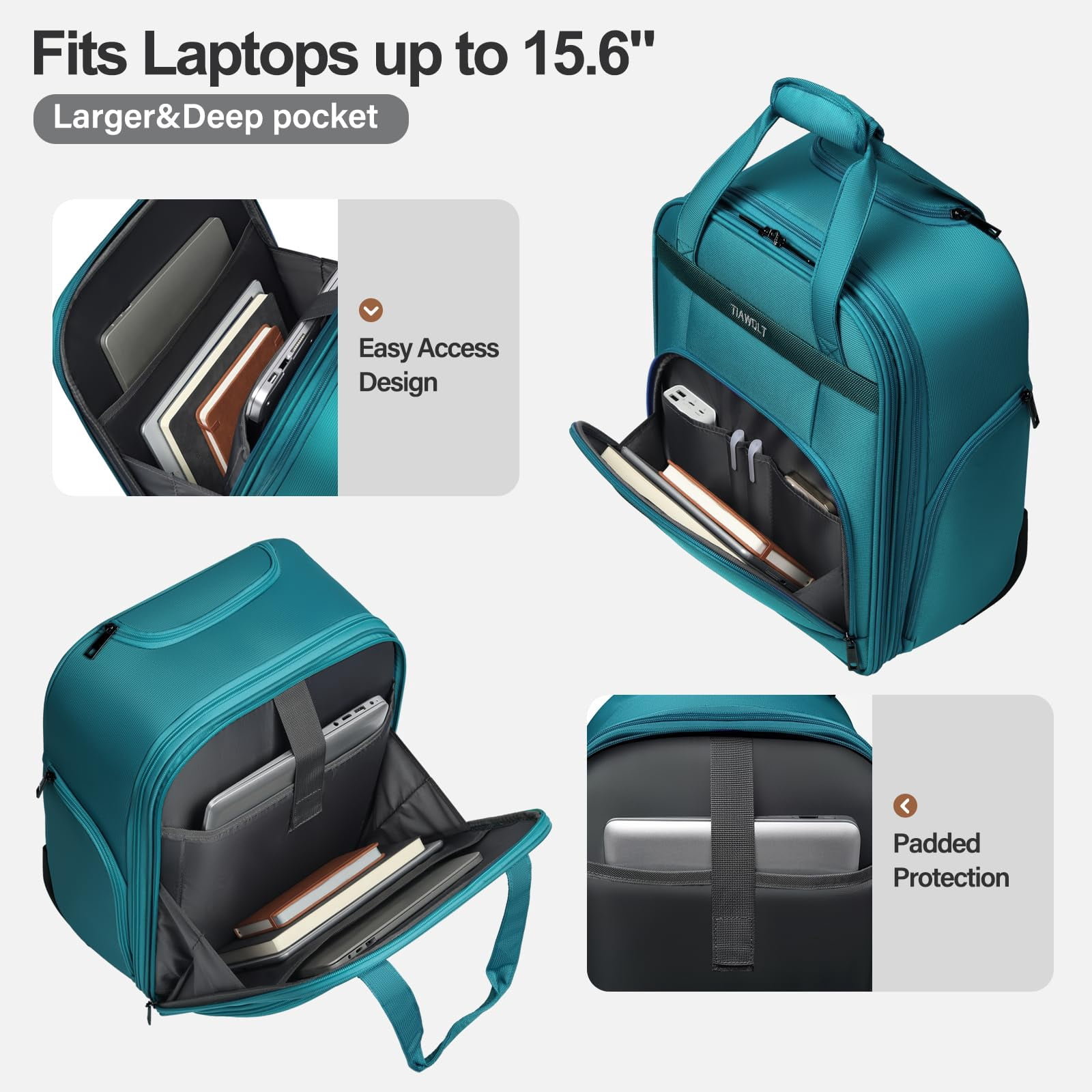TIAWOLT Personal Item 16-Inch Underseat Carry on Luggage With Wheels Lightweight Wheeled Underseater under seat bags for airplanes Upright 2 Wheel ,Boy and Girl,Teal Green