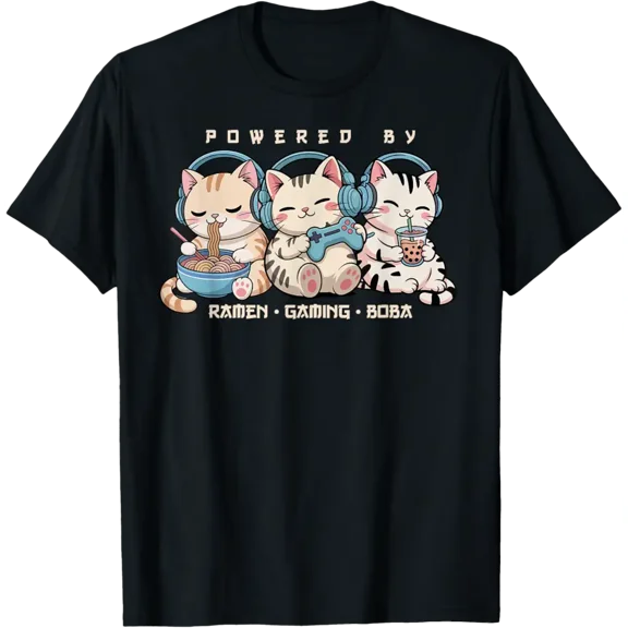 Ramen Powered Gamer Cat Kawaii Feline Gaming Humor Graphic Unisex T-Shirt, up to size 5XL