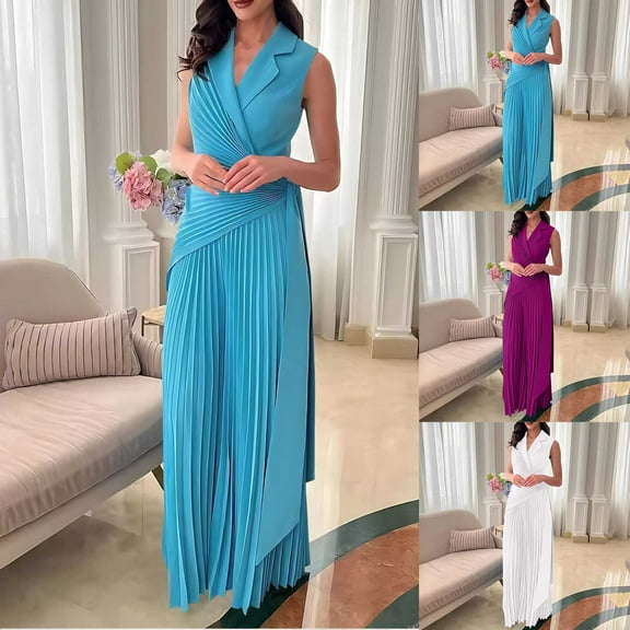 FRSASU Women's Solid Lapel Fashionable Casual Loose Sleeveless Wrinkles Bandage Jumpsuits White XL(XL)