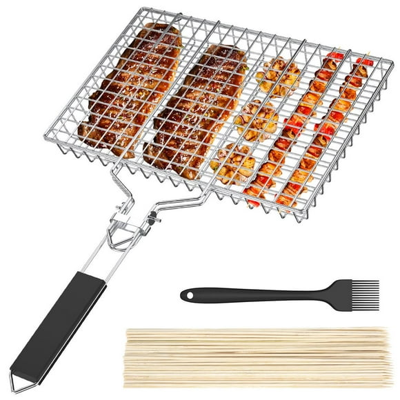 MesaSe BBQ Gril Basket en Acier Inoxydable Poisson Gril Panier 12.5x12.5x1.4” Panier de Barbecue Filet de Cuisson Pliable avec Poignée Amovible pour Griller la Viande de Steak avec Brosse à Huile et Bâton de Bambou
