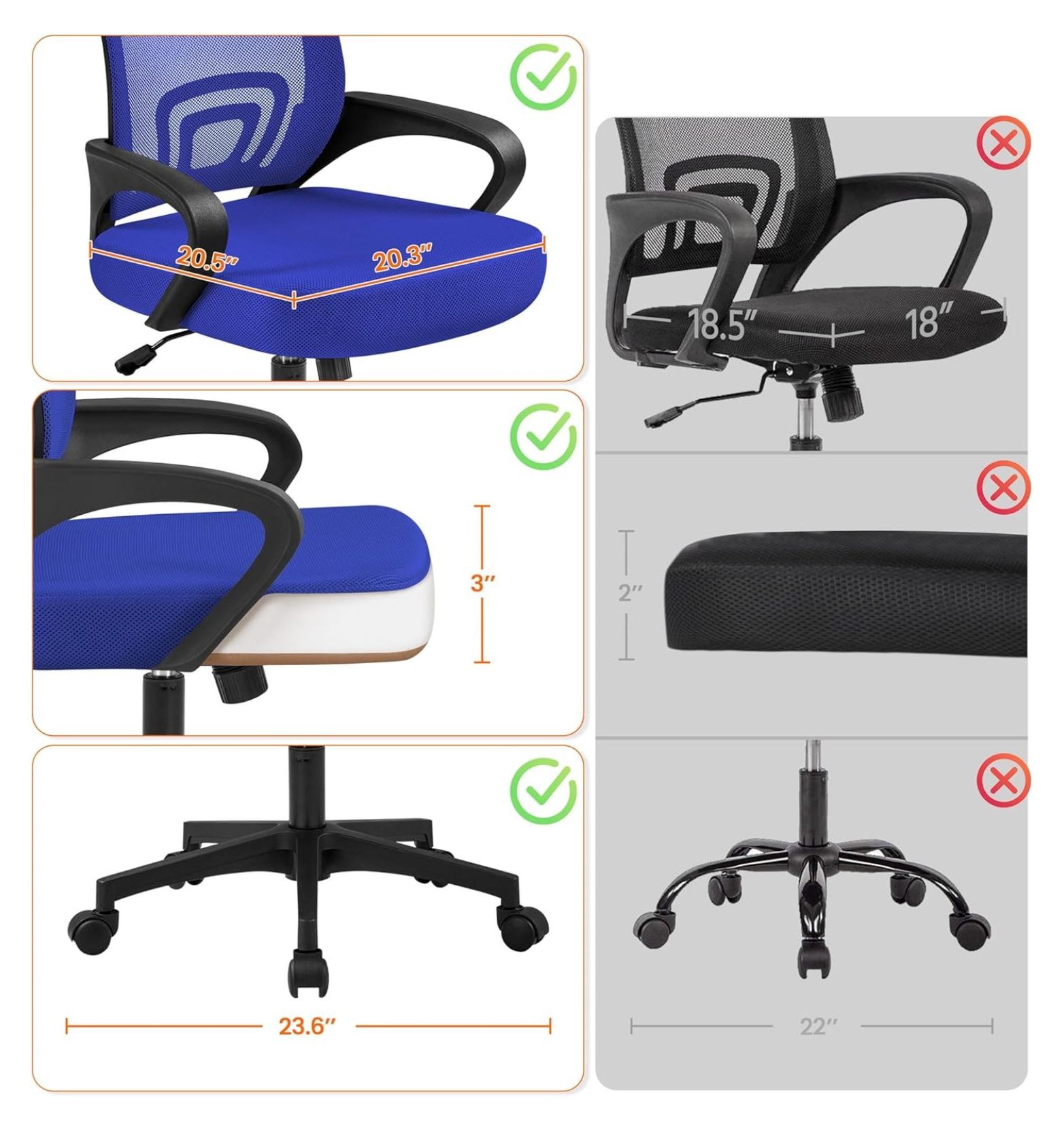 Ergonomic Office Chair Desk Chair Mesh Back Adjustable Computer Chair with Lumbar Support Swivel Rolling Wheels for Home Office Blue