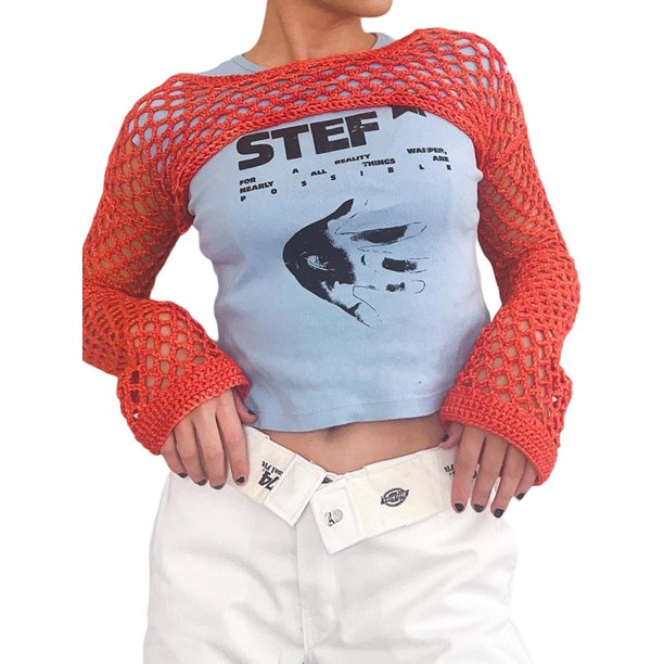 FOCUSNORM Women Cropped Knit Sweater Jumper Top Bell Sleeve Crochet