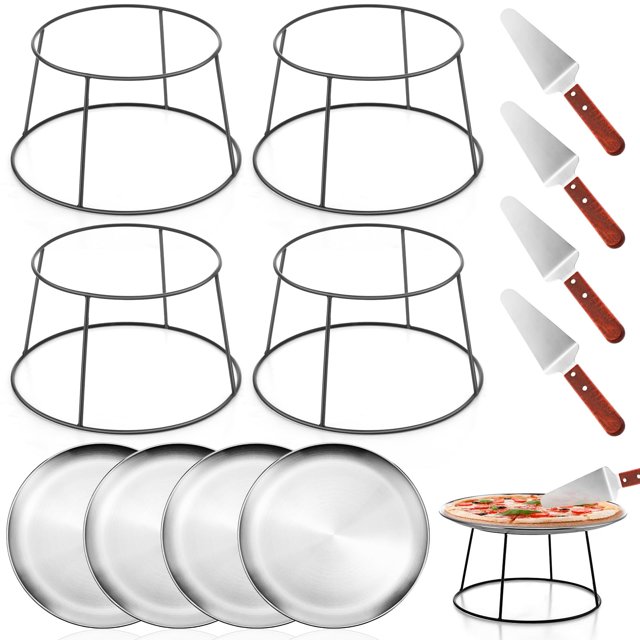 Juego de 12 soportes para pizza, 4 soportes de metal, 4 sartenes para pizza, 4 espátulas para bodas y fiestas plata redonda