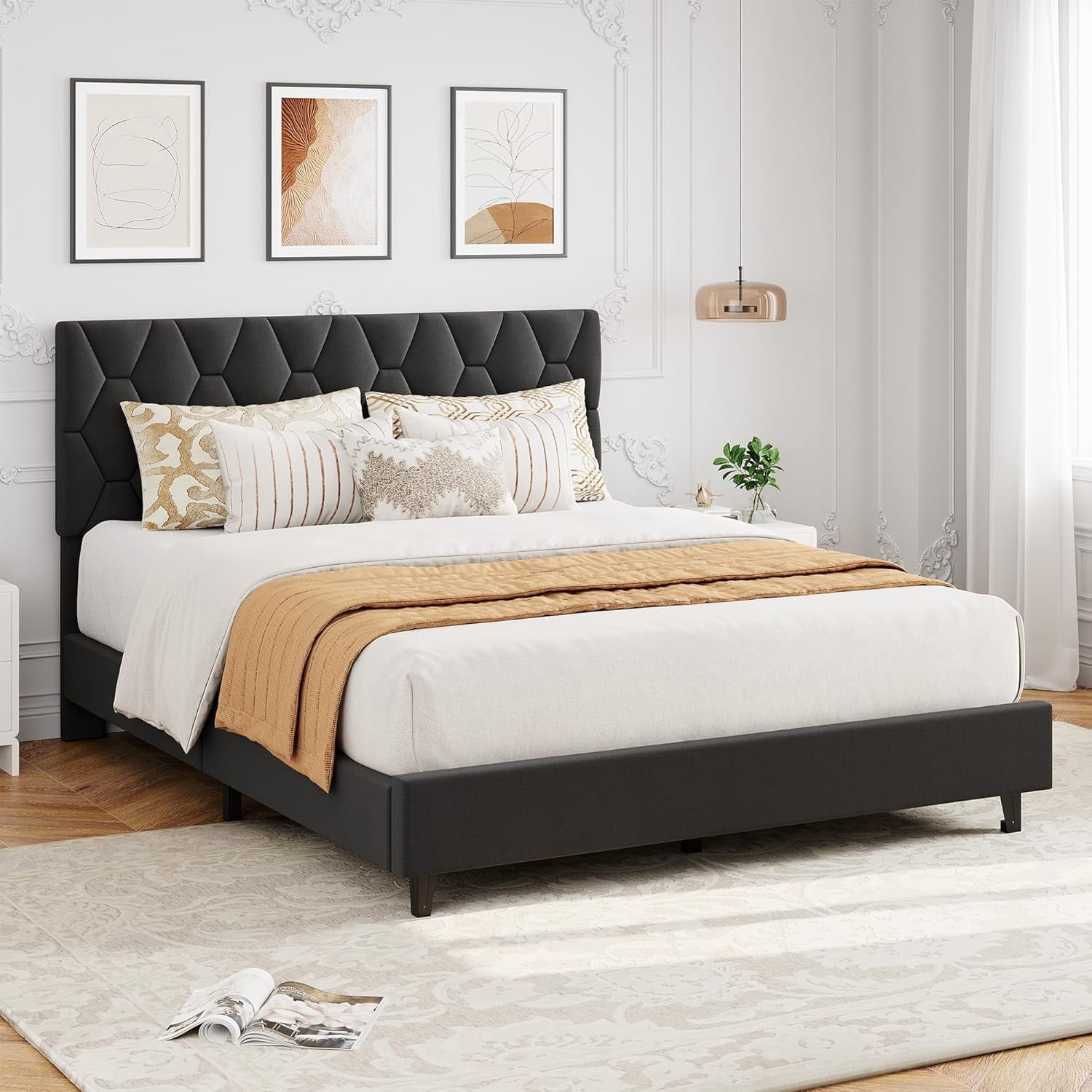 IDEALHOUSE Grey Queen Bed Frame with Upholstered Headboard, Heavy-Duty Platform Bed Frame with Strong Wood Slats, No Box Spring Needed/Easy Assembly/Noise Free