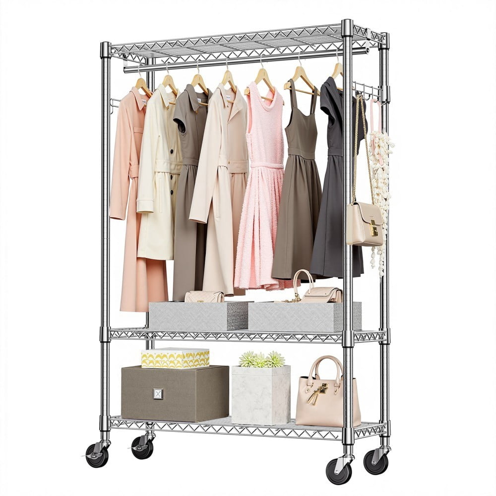 Heavy Duty Garment Rack on Wheels, Rolling Clothes Rack with Adjustable Shelves, 2 Hanging Rods, Side Hooks, Freestanding Closet Organizer, Chrome