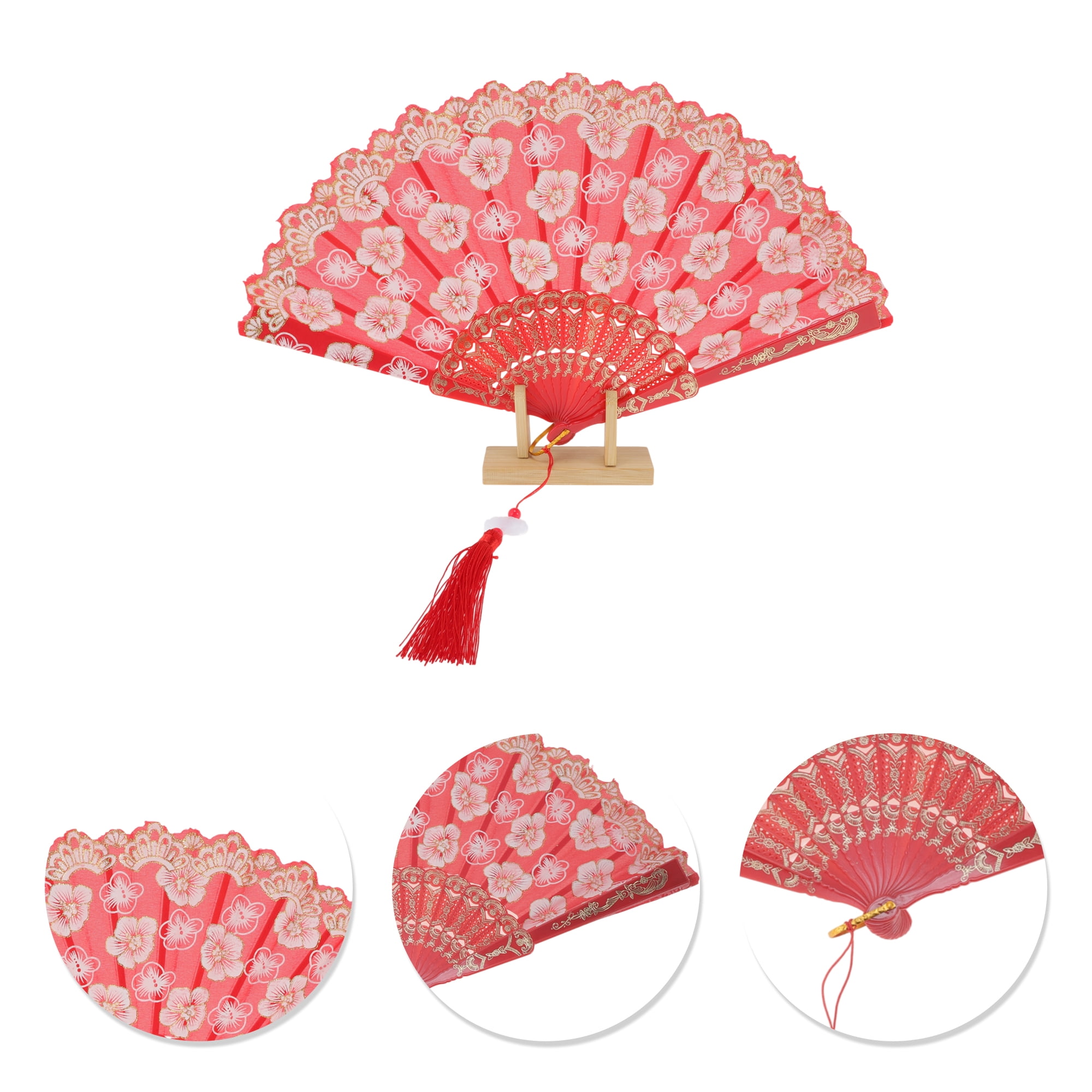 Unique Bargains Elegant Cherry Blossom With Tassel Folding Fan 1 Pc Red
