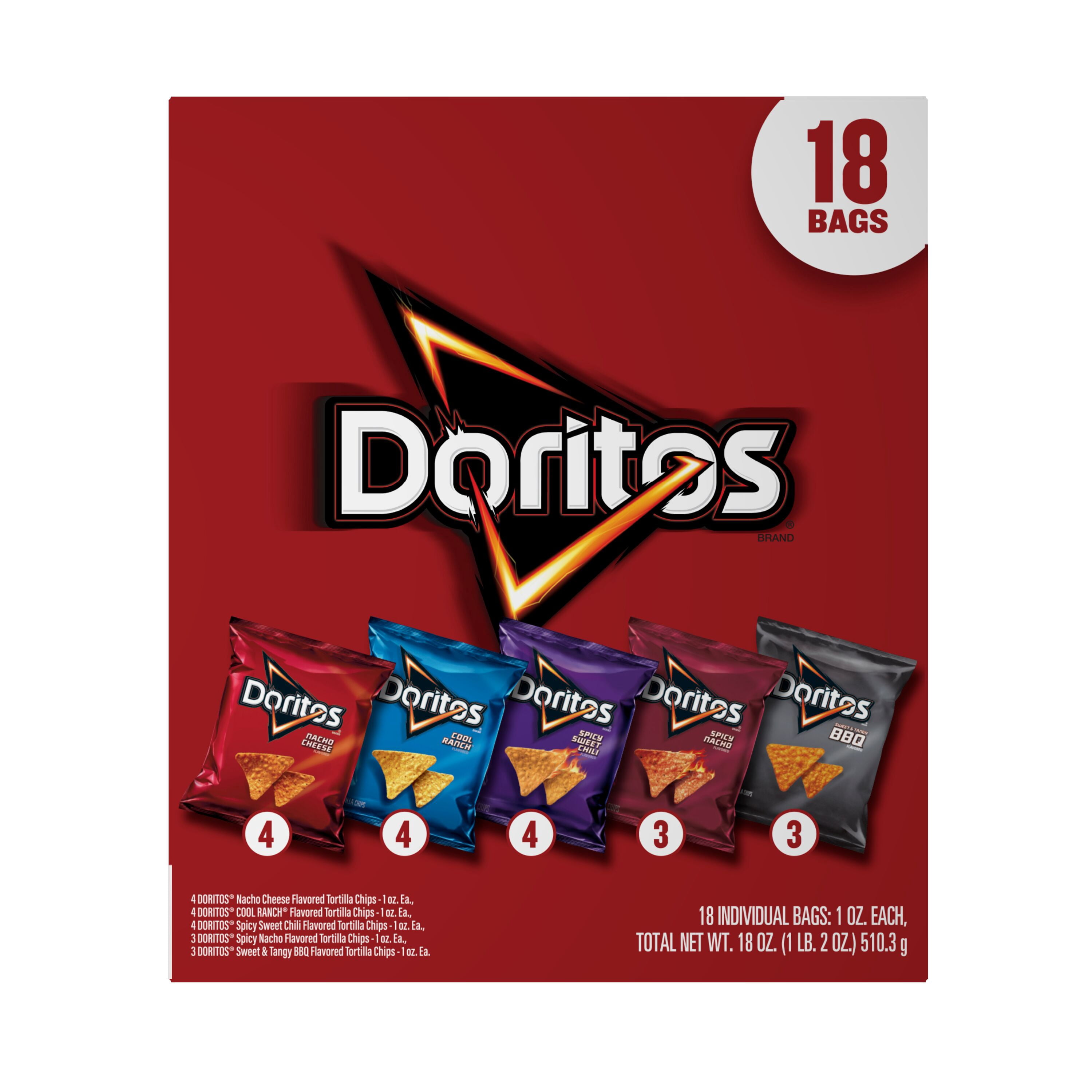 (4 pack) Doritos Tortilla Chips 5 Flavor Variety Pack Snack Chips, 1 oz Bags, 18 Count