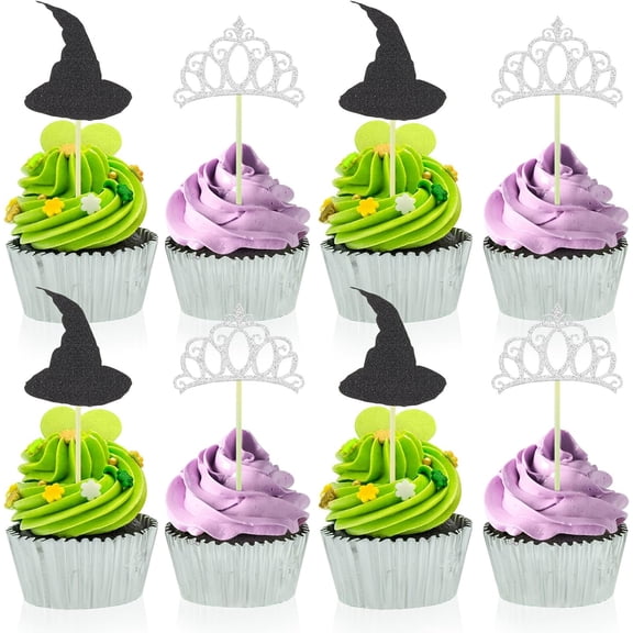 24 Pcs Witch Hat Cupcake Topper Crown Cupcake Topper Halloween Dessert Food Safe Cake Decorations for Halloween Theme Birthday Party Supplies Crafts