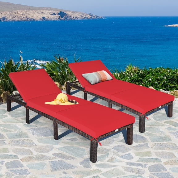 Costway 2PCS Outdoor Rattan Lounge Chair Chaise Recliner Adjustable Cushioned Patio Red