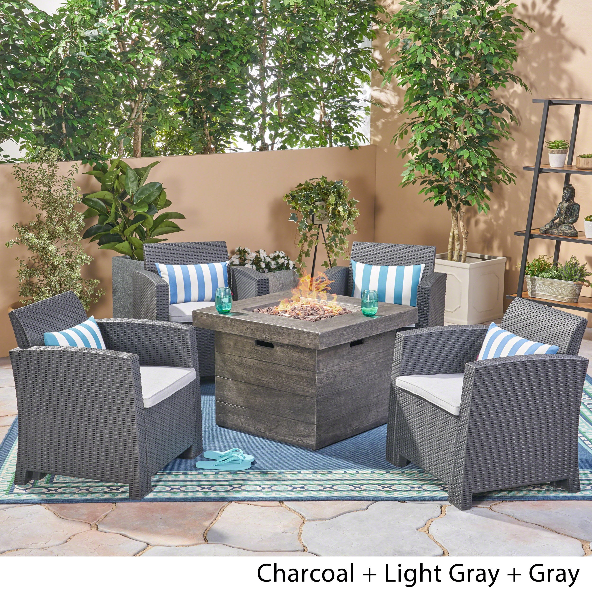 Ollie Outdoor 4 Seater Wicker Print Club Chair Chat Set With Fire