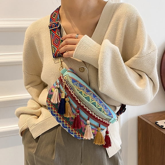Byujiro Shoulder Bag for Women Traditional Fringe Woven Shoulder Bag-Women's Ethnic Waist Pack Tribal Print Crossbody Purse Chest Bag