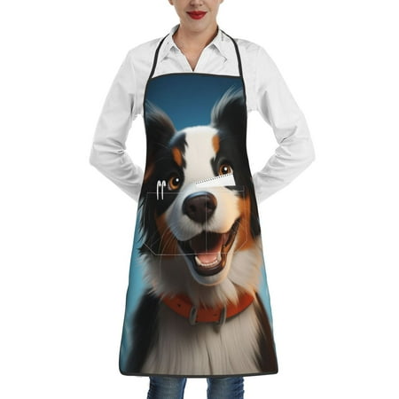 

Qekee Playful Smile Cute Dog Print Adjustable Bib Apron Resistant with Pocket Cooking Kitchen Aprons for Women Men Server Chef Apron