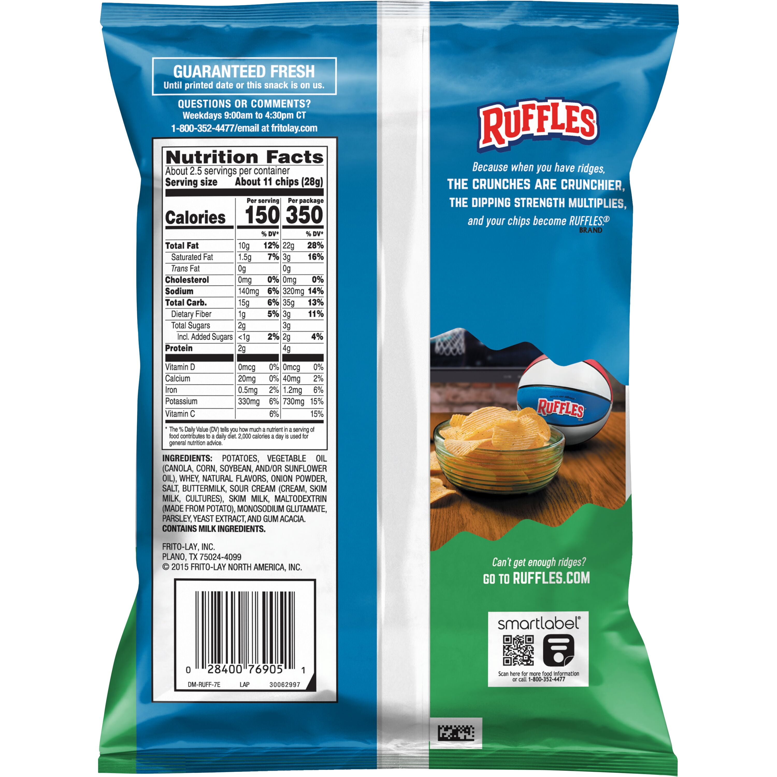 Ruffles Sour Cream & Onion Potato Chips , 2,25 oz Bag