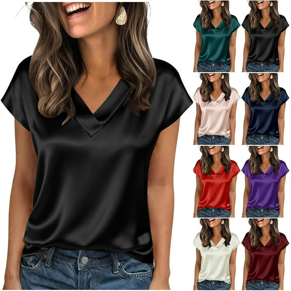 Otntypg Women Silk Satin Tops Cap Short Sleeve Blouse Elegant V Neck Shirts Work Business Casual Outfits Tunic Tees Blouse Green M